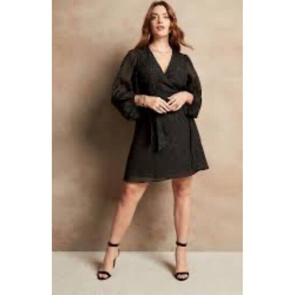 Banana Republic Blouson Black Glittery Wrap Dress Puffy Balloon Sparkly s - Picture 1 of 12